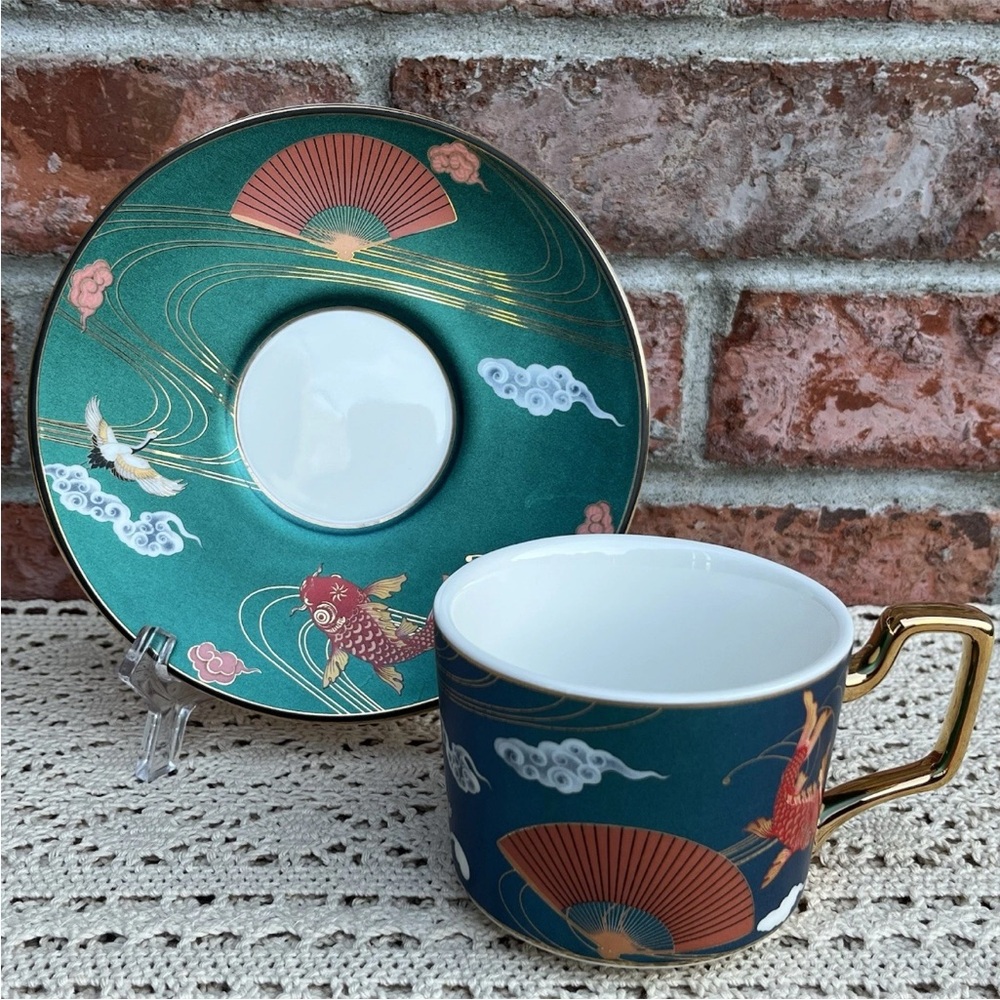 WOOCH Japanese Style Ceramic Porcelain Tea Cup and Saucer Set Koi Fish Crane NEW